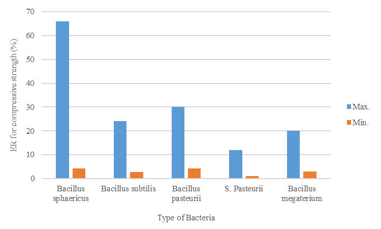 Figure 3. Variation in the compressive strength increase with different bacterial strains during 7-day curing period.