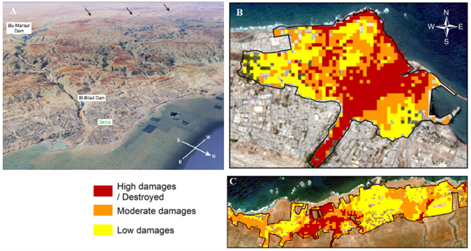 Figure 6. (A) 3D map of Derna Showing Flooding Caused by Extreme Rainfall and the Collapse of Two Dams; (B, C) Classification of Damage Severity Resulting from the flash flood in Derna and Susa (Hewson et al., 2024; Normand &amp; Heggy, 2024).