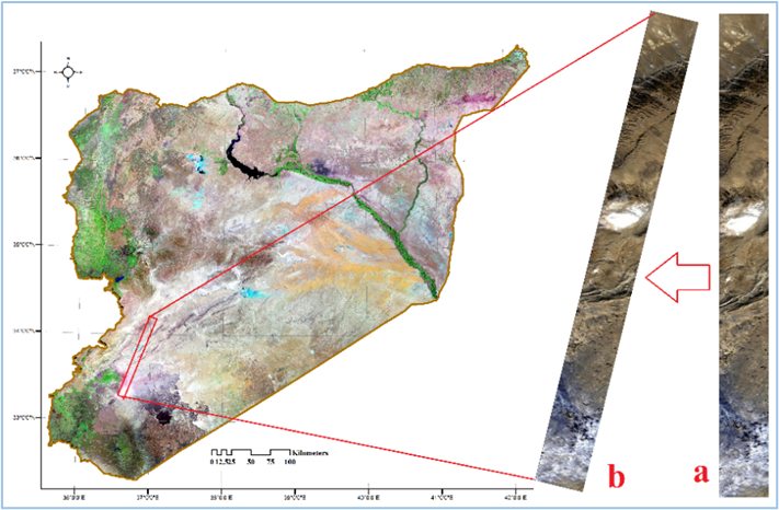 Figure 10. Hyperion EO-1 Image of the Study Area Before (a) and After (b) Geometric Correction.