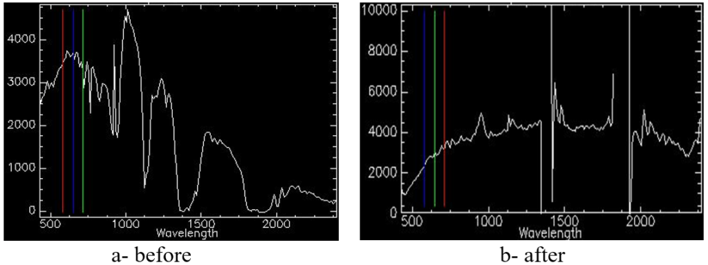 Figure 9. Spectral Profile of Pixel: Before (a) and After (b) Atmospheric Correction