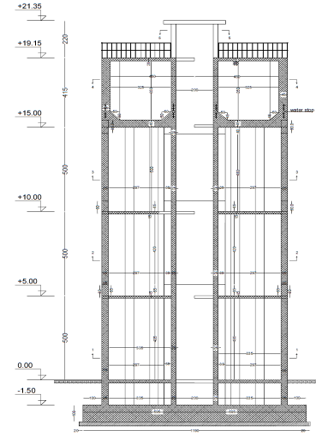 Figure 1. Structural Configuration and Geometric Dimensions of the Al-Dufail Elevated Reinforced Concrete Water Tank. a: Plan View, b: Verticl Section. (b)