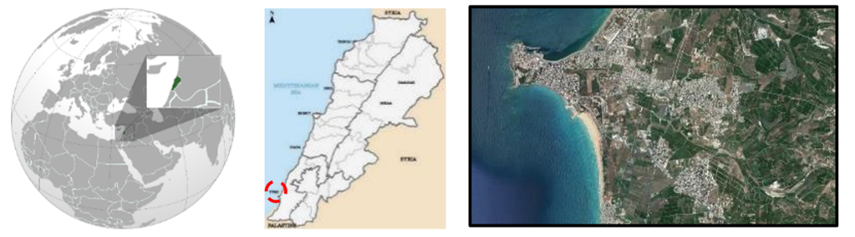 Figure 1. Map Showing the Location of Tyre City on the Map of Lebanon, with an Enlargement Satellite Map of Tyre City.
(Source: www.googleearth.com, access in 2023)