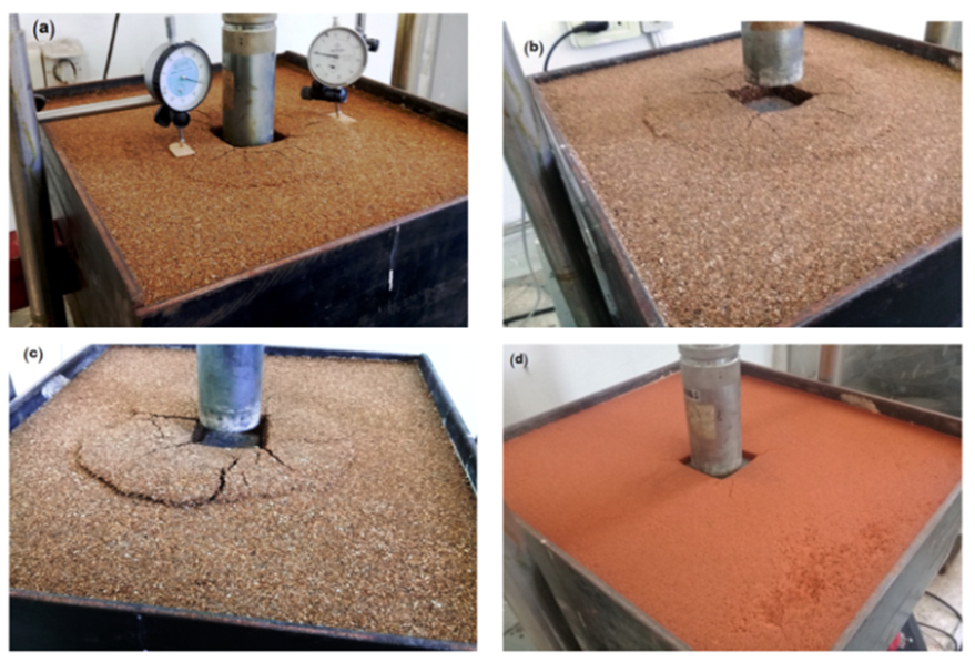Figure 11. Images of The Bearing Capacity Test at Which General Shear Failure Occurred.(a, b, c) for Tartous soil at 20%, 25%, 35% saturation degree respectively, (d) for Palmyra soil at 35% saturation degree.