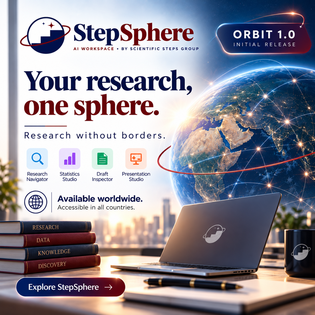 StepSphere and Scientific Steps Group logos on a navy background with the four tools: Statistics Studio, Research Navigator, Draft Inspector and Presentation Studio.