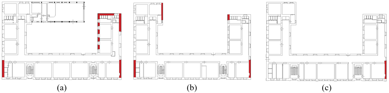 Reinforced Walls (in red) at First Level (a), Second Level (b) and Third Level (c) of the School Building.